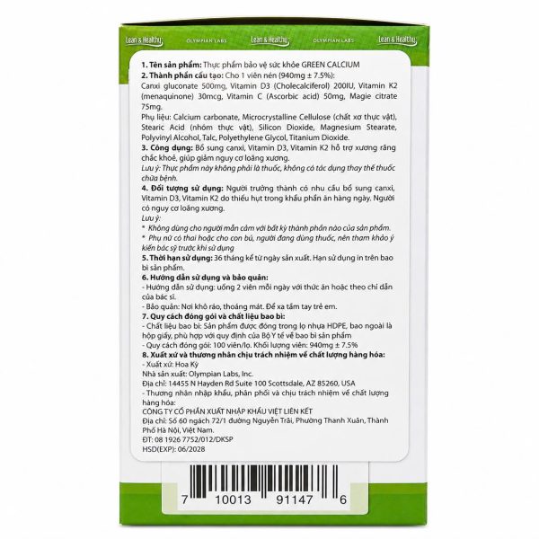 Green Calcium Olympian Labs- Bổ sung canxi, giúp xương và răng chắc khỏe Hộp 100 viên